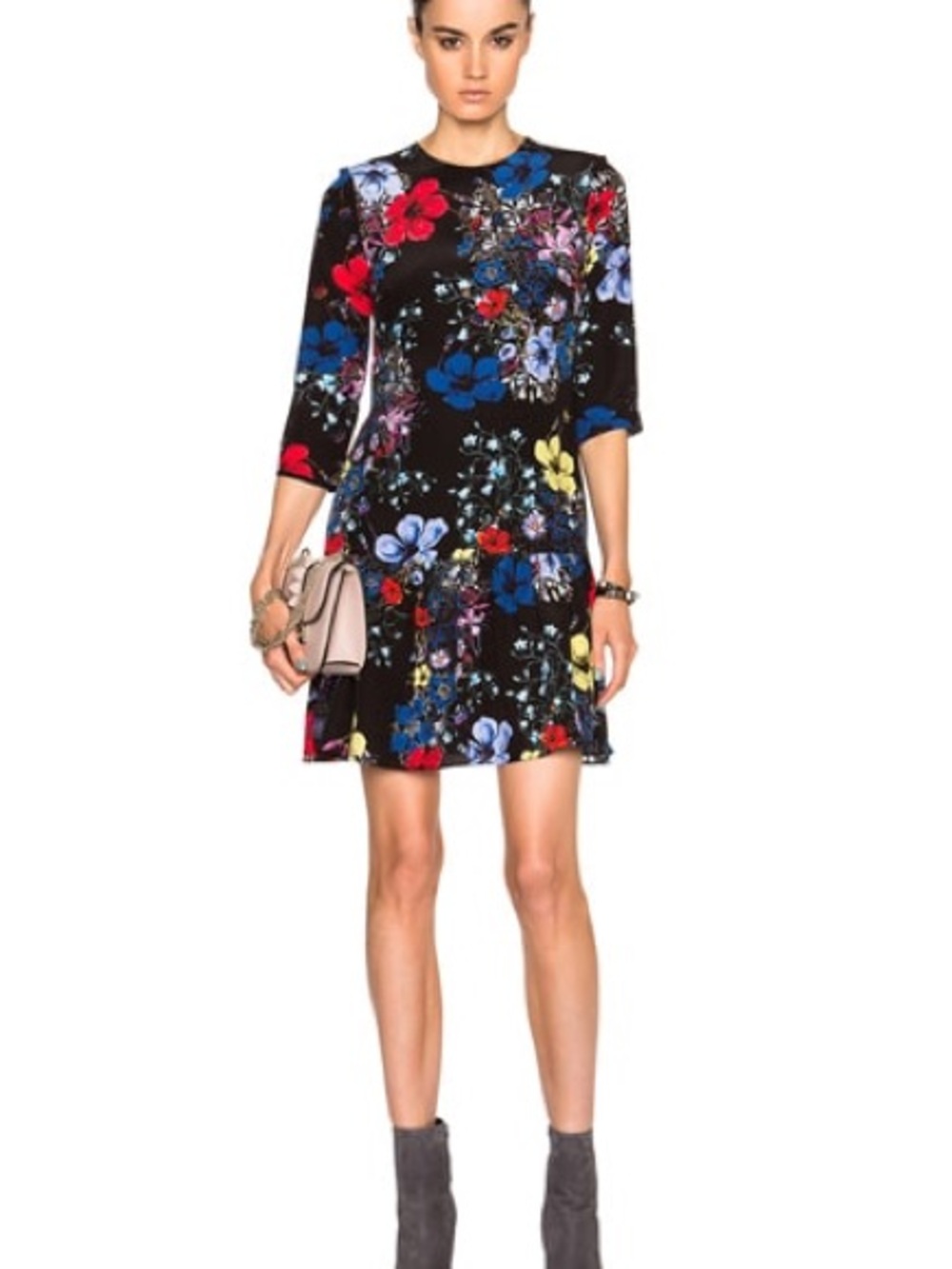 ERDEM Emmie Black Multi Floral Silk Drop Waist Mini Dress Size 4
